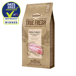 Carnilove True Fresh Turkey 11.4 Kg Dog Food Bag with award logo for PATS 2022